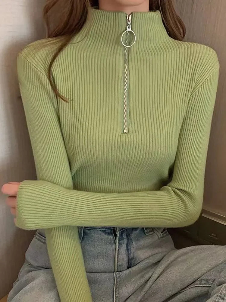 Frauen Fashion Solid Strick Pullover Vintage Langarm Zip-up Grundlegende Hälfte Rollkragenpullover Weibliche Pullover Chic Casual Tops