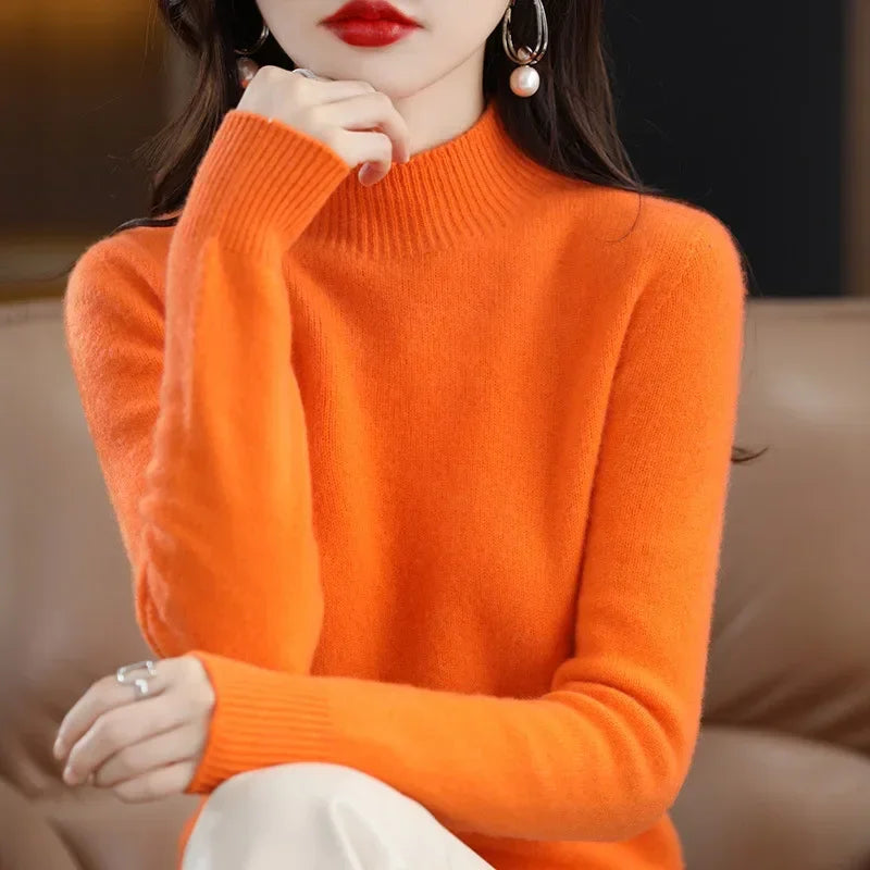 Herbst Winter Frauen Pullover Koreanische Mode Warme Bodenbildung Shirts Halb Hohe Kragen Grundlegende Strickwaren Solide Langarm Pullover