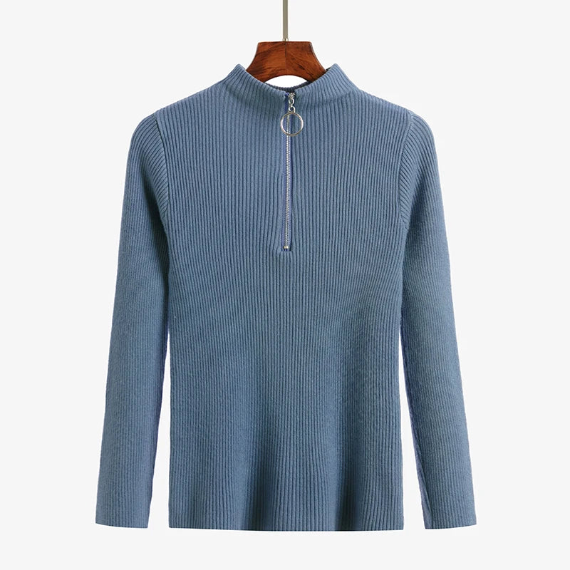 Frauen Fashion Solid Strick Pullover Vintage Langarm Zip-up Grundlegende Hälfte Rollkragenpullover Weibliche Pullover Chic Casual Tops