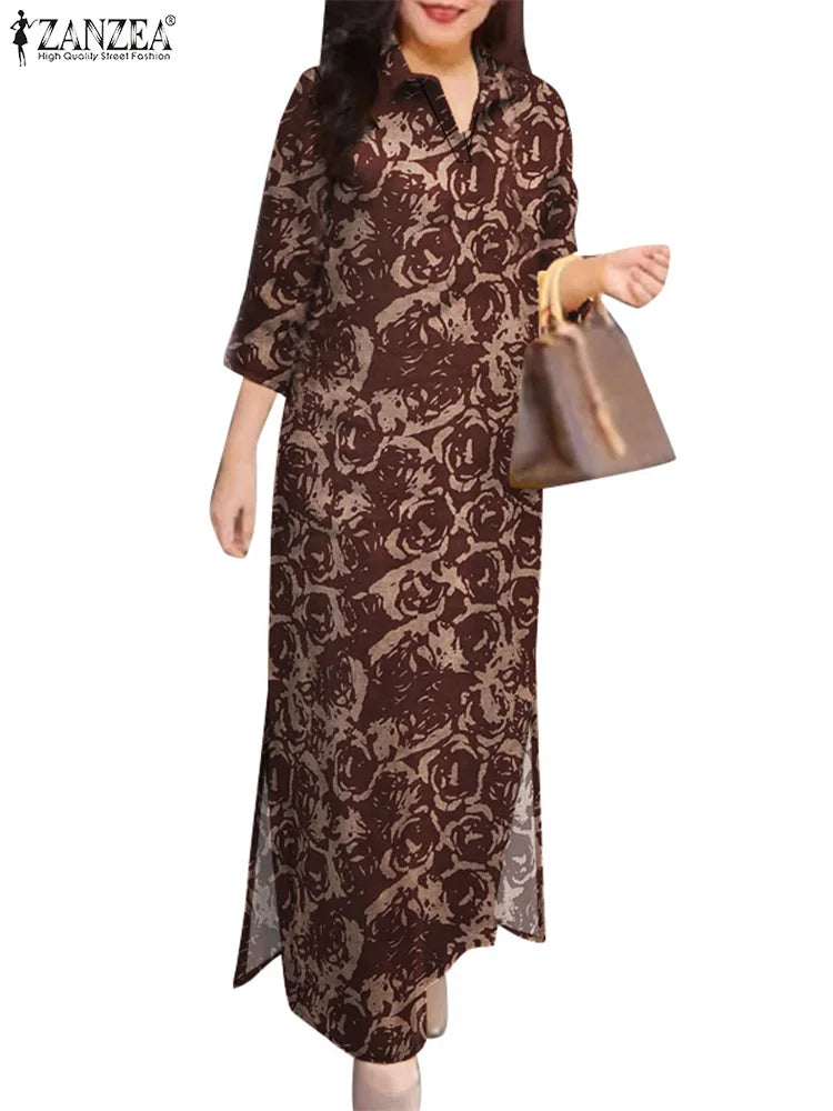 ZANZEA Blumendruck, lässig, lang, Vestidos, reine Baumwolle, Vintage-Stil, Schlitz am Saum, 2024, Herbst-Hemdkleid, 3/4-Ärmel, Damen-Urlaubs-Maxikleid