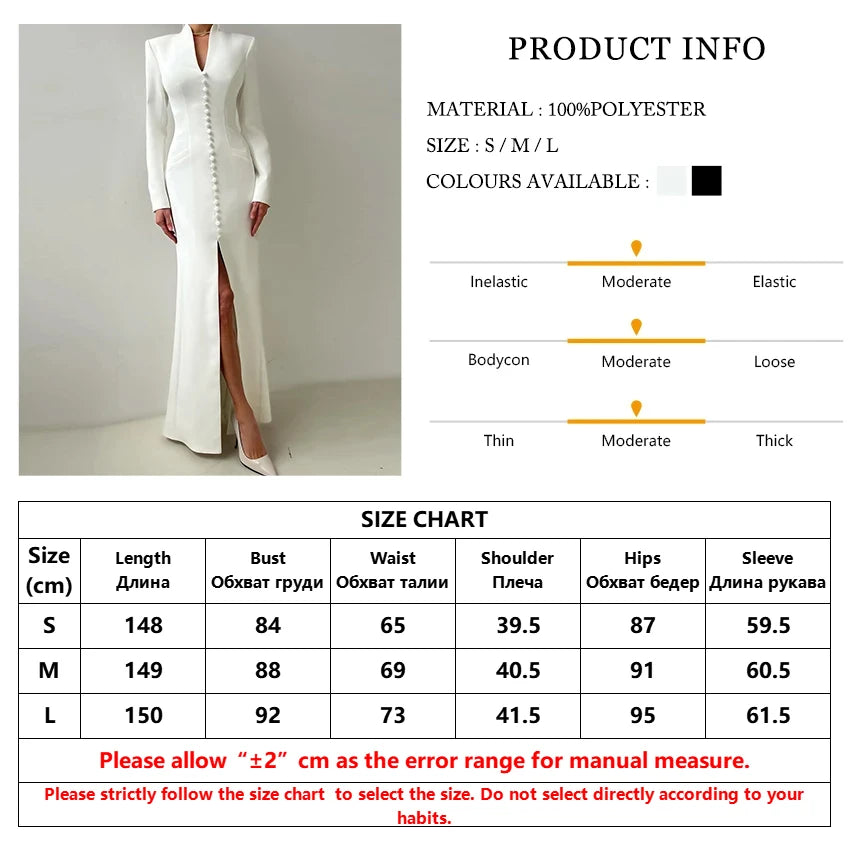 Clacive Sexy schlankes weißes Damenkleid 2025, modisches V-Ausschnitt, lange Ärmel, knöchellanges Kleid, elegantes, klassisches, geschlitztes Damenkleid