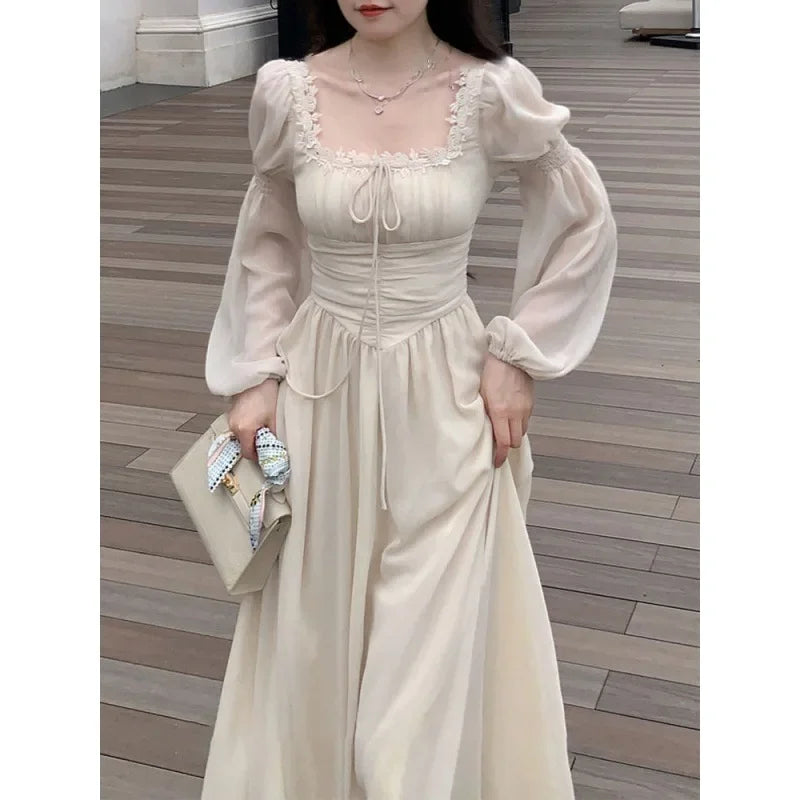 2024 Französisch elegante Prinzessin Abend party Midi Kleider für Frauen A-Linie schlanke Bandage Langarm Vestidos koreanische Frühlings kleidung