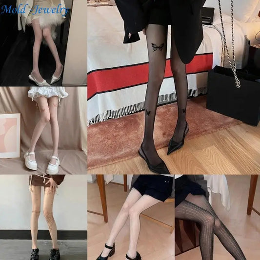 69HB Women Butterfly Stripe Pantyhose JK Sweet Thin Silky Tights Stockings.