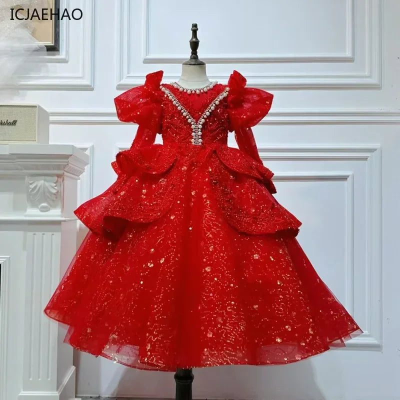 2025, Kinderkleid, Performance-Outfit, Mädchen, Blumen-Pailletten, geschwollenes Kleid, rote Partykleidung, Kinder, Mädchen, Geburtstag, Prinzessinnenkleider, glitzernd
