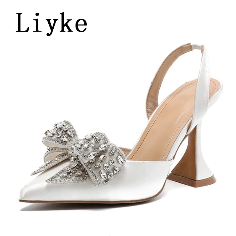 Liyke Spring Summer Fashion Rhinestone Bowknot Women Pumps Sexy Silk Pointed Toe Strange High Heels Party Prom Shoes Gold Silver