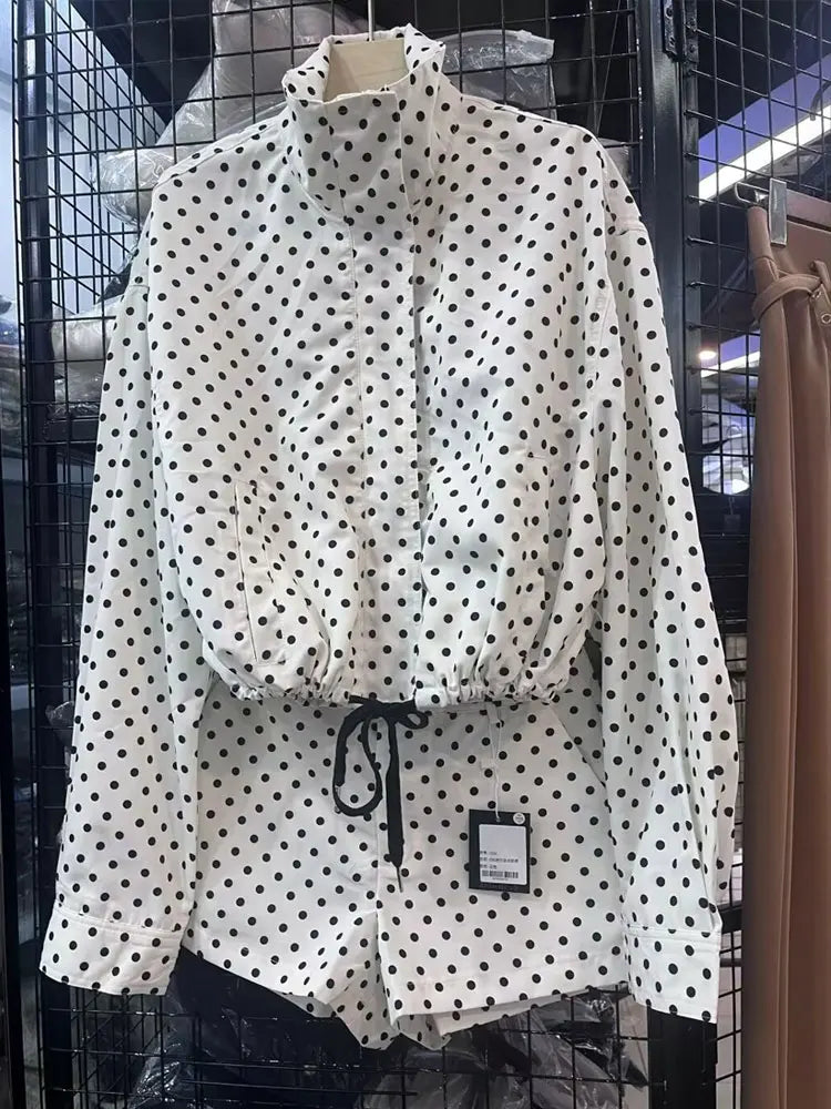 TRAFZA Herbst Polka Dot Gedruckt Jacke Für Frauen Lange Ärmel Rollkragen Zipper Mit Taschen Kordelzug Lose Vintage Mäntel