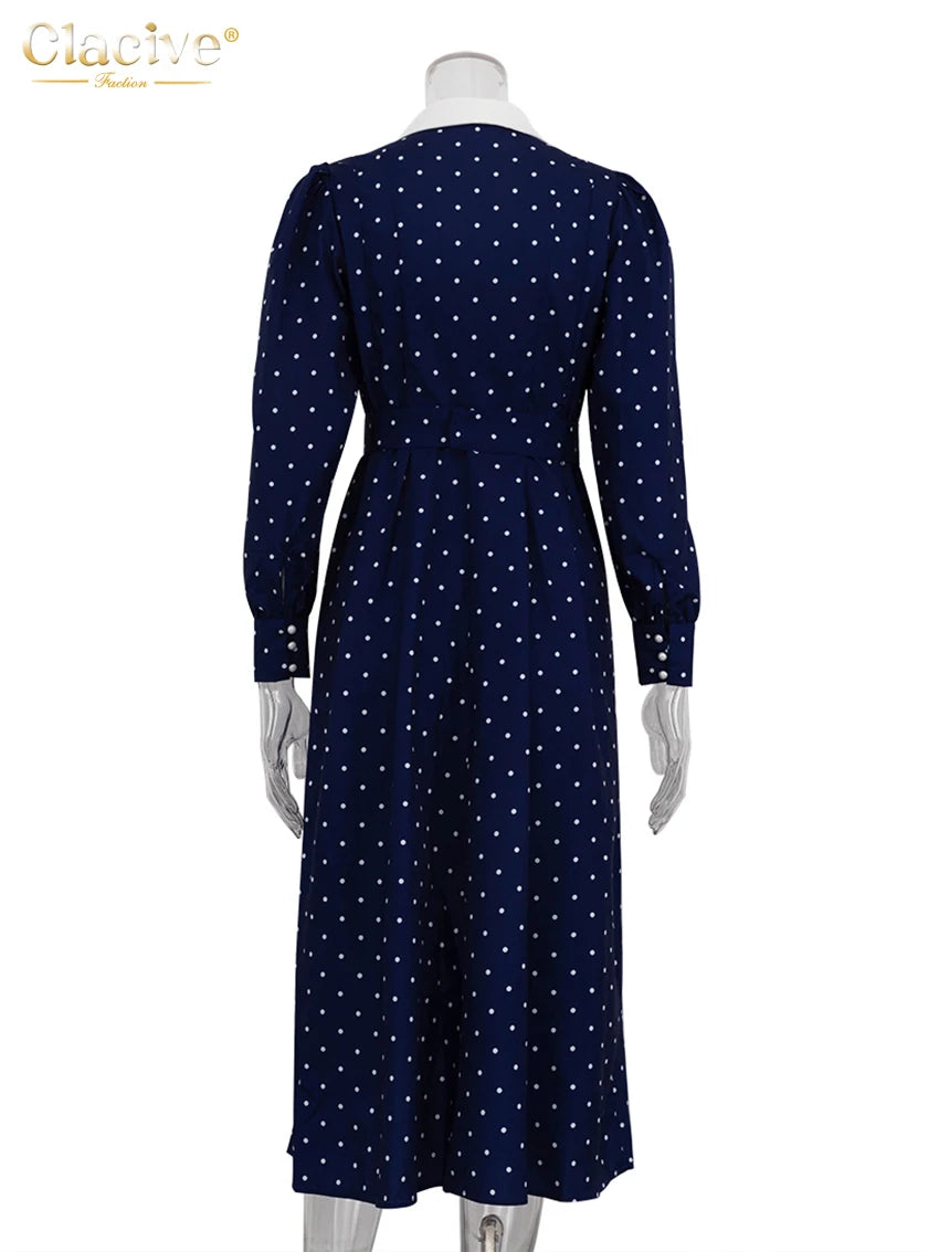 Clacive Mode Lose Druck Frauen Kleid 2025, Casual Revers Langarm Büro Dame Midi Kleider Elegante Klassische Gürtel Weibliche Kleid