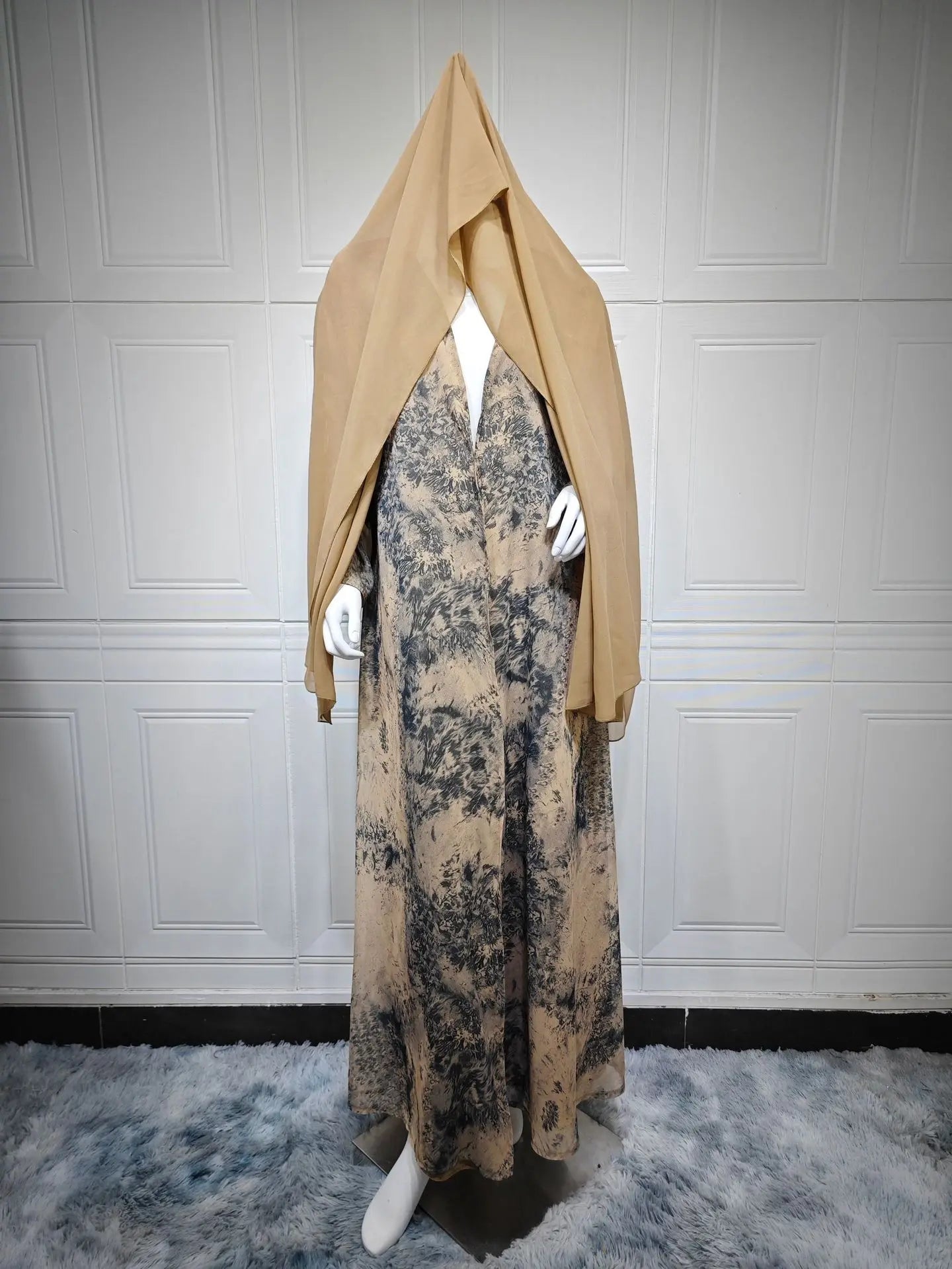 2025 sommer Arabisch Frauen Muslimische Kleidung Ramadan Dubai Offene Abaya Kleid mit Hijab Islam Gedruckt Chiffon 2 Stück Outfit