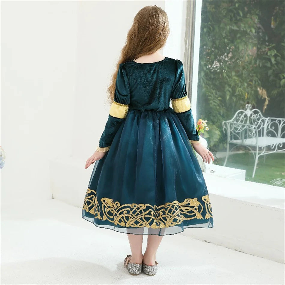 Girls Merida Cosplay Princess Dress Children Stage Performance Clothes Kids Halloween Carnival Party Long Sleeves Outfits