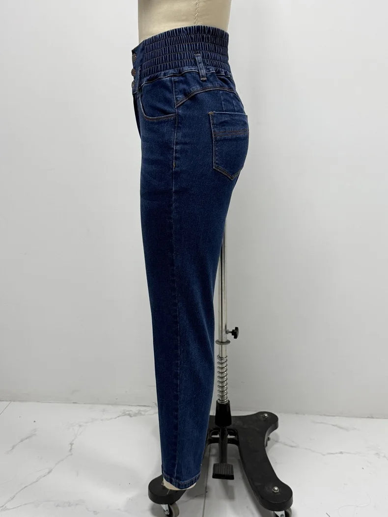 Jeans-Bleistifthose für Damen, 2025, dünne Hose, hohe Taille, Stretch, gewaschen, Distressed-Taschen, Knöpfe, Vintage-Denim, Streetwear