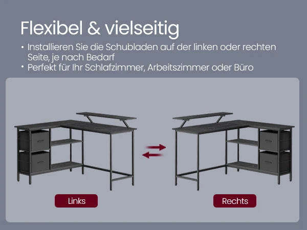 VASAGLE L-förmiger Schreibtisch, 2 geräumige Schubladen, Computertisch mit Monitorständer, Eckschreibtisch