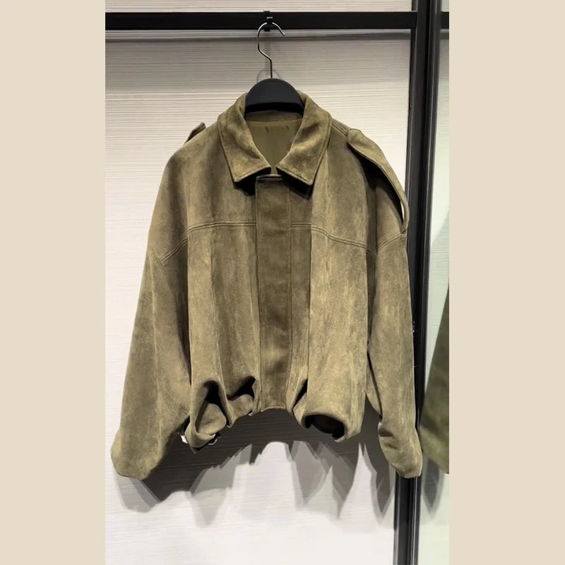 2025 herbst frauen Grün Wildleder Jacke Lose Revers Zipper Langarm Taschen Bomber Mantel Neue Mode Dame Dicke Streetwear