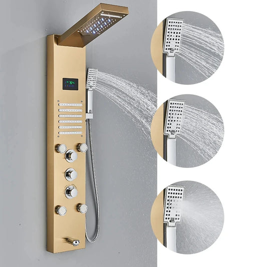 Golden Shower Panel LED Light Bathroom Bath Shower Column Tower Digital Screen Waterfall Rain shower Mixers Rotate Massage Jets