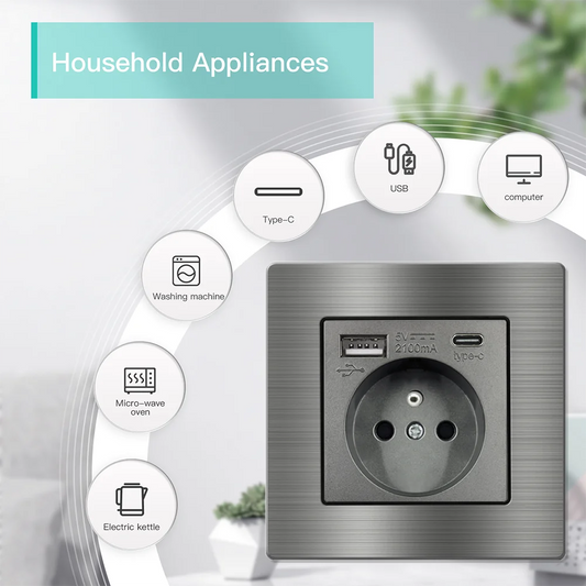 EIOMR Frankreich Standard-Steckdose, graue Aluminiumlegierung, Lichtschalter, RJ45, Fernseher, 220 V, 16 A, Wandsteckdosen für Haushaltsgeräte.