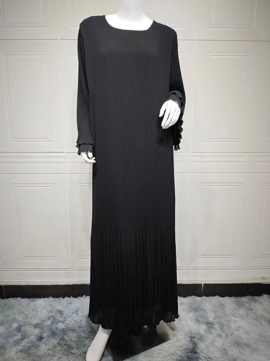 Siskakia Ramadan-Muslim Solid Wrinkle Dresses For Women's Dubai Moroccan Petal Sleeve Abayas O-Neck Elegant Kebaya 2024