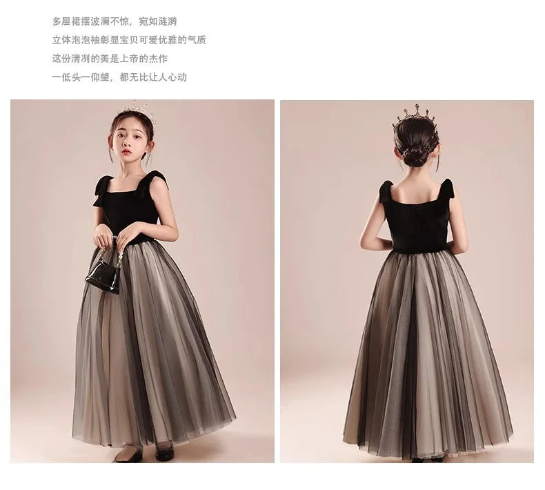 Kinderkleid Mädchen Mode Klavier Violine Performance Kleid Schwarz Samt Mesh Host Chor