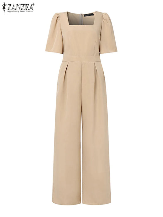 ZANZEA Street Fashion Elegant Womens Jumpsuits Sqaure Neck Short Sleeve Fitted Waist Wide Leg Pant Overalls Summer Streetwear.