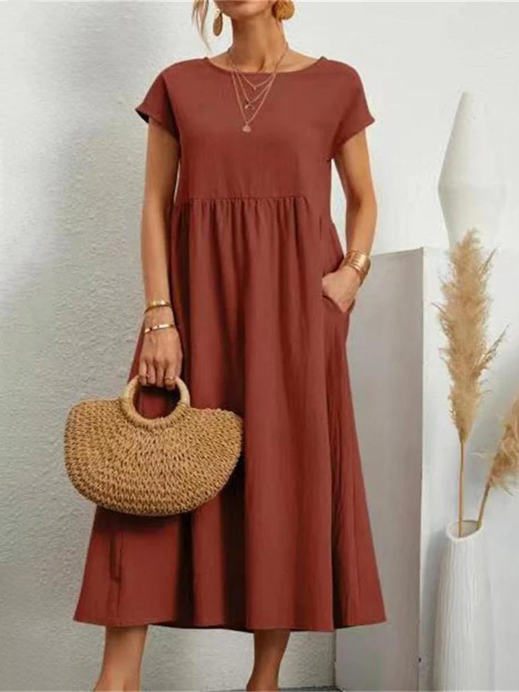 Vintage Solide Midi Kleid Casual Kurzarm Baumwolle und Leinen Harajuku Übergroßen Langes Kleid Frauen Sommer Y2K Maxi Sommerkleid 2023
