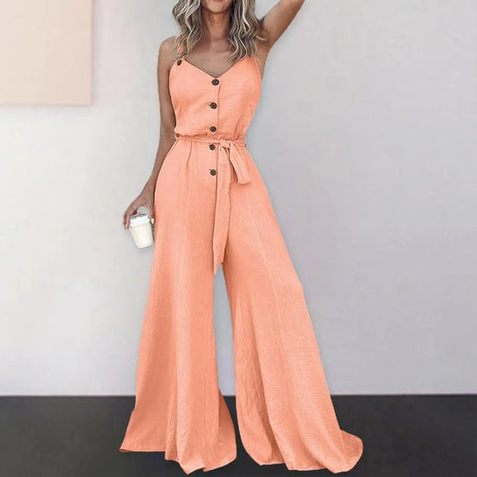 Summer Women Jumpsuit Solid Color Button Closure Lace-up Jumpsuit V Neck Wide Leg Deep Crotch Ankle Length Vest Jumpsuit.