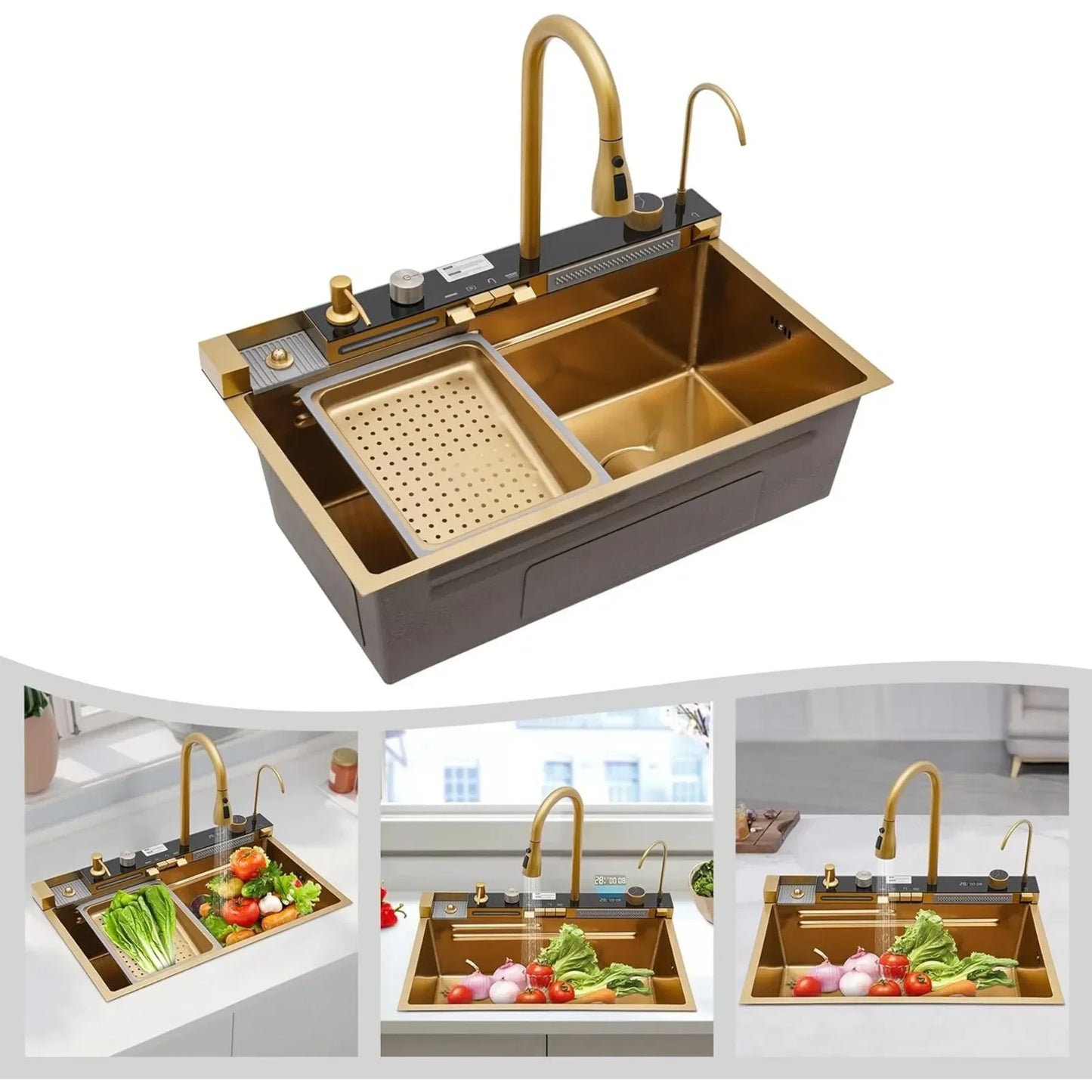 75x46x22cm,gold Digital Display Sink Pull-out Faucet Multifunctional Kitchen Sink , Adjustable Temperature with 360° Cup Washing
