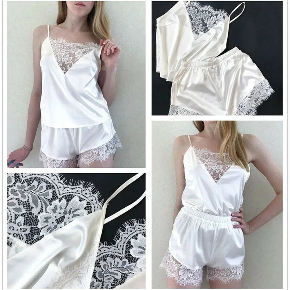 2 Stück sexy Pyjama Set Frauen sexy Spitze Patchwork Satin Seide Spaghetti träger Top heiße Shorts Pyjama Frauen Nachtwäsche Femme Pyjamas