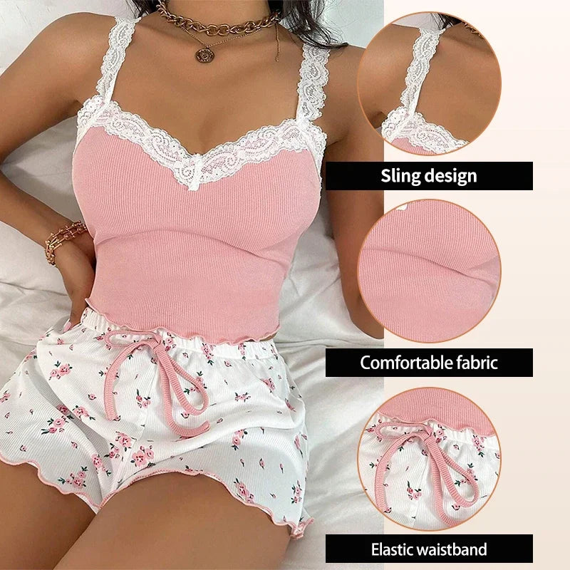 Zweiteiliges Sommer-Pyjama-Set für Damen, gerippt, gestrickt, Blumendruck, Spitzenbesatz, Leibchen, Weste und Schleifen-Shorts, sexy Pyjama-Set