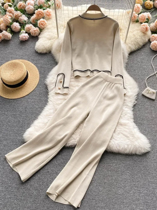 New Autumn Korean Fashion Casual Knit Two Piece Set Women Sweater Cardigan Crop Top + Wide Leg Pant Suits Tracksuit 2 Piece Sets.