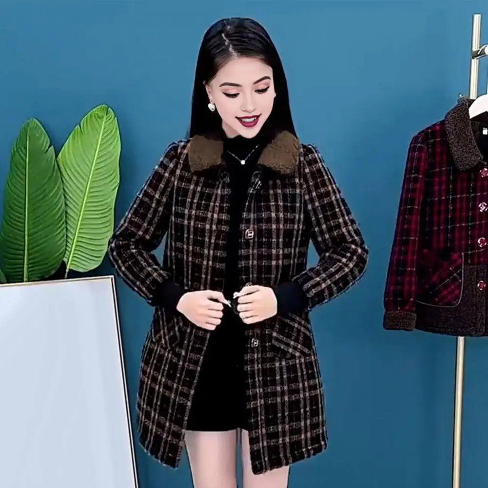Frauen Plaid Mantel Karierten Winter Mutter Jacke Taschen drehen-unten Kragen einreiher Mid Länge Mantel Mid-aged frauen Mantel