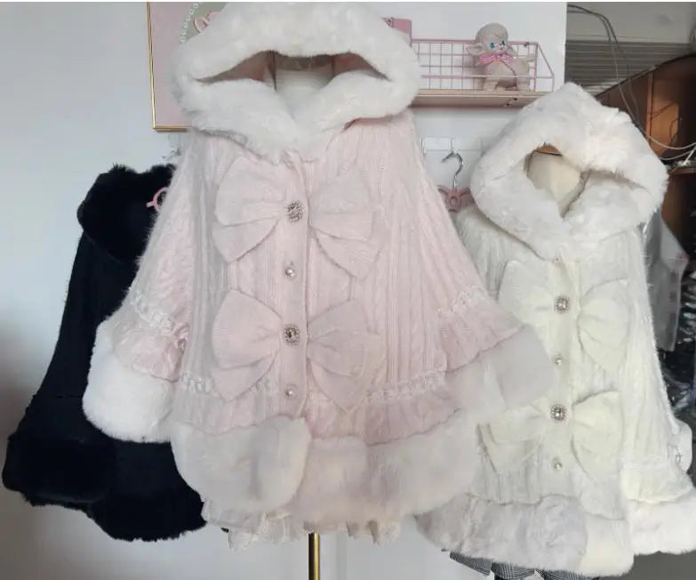 Japanische Liz Süße Prinzessin Faux Kaninchen Fell Cape Mantel Frauen Herbst Winter Pelz Jacke Lose Uhr Strass Bogen Mit Kapuze Mantel