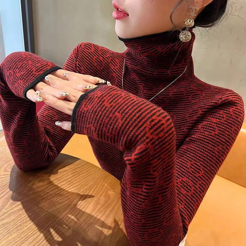 Frauen Kleidung Chic Gestreiften Schlank Rollkragen Pullover Herbst Winter Vintage Alle-spiel Lange Ärmel Stricken Pullover Büro Dame Tops