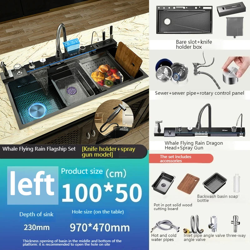 Stainless Steel Waterfall Kitchen Sink New With Draining Rack Digital Display Large Single Slot Dishwashing Sinks Wash Bowl