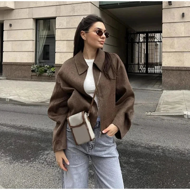 Mode Braun Zipper Woolen Jacke Für Frauen Elegante Revers Langarm Kurze Mäntel Weibliche Vintage Herbst Dame Straße Oberbekleidung