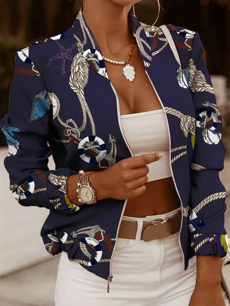 Mode Frauen Jacken Dünne Kurze Mäntel Herbst Vintage Print Lange Sleeve Zipper Dünne Jacke 2024 Casual Oberbekleidung Weibliche Jacke