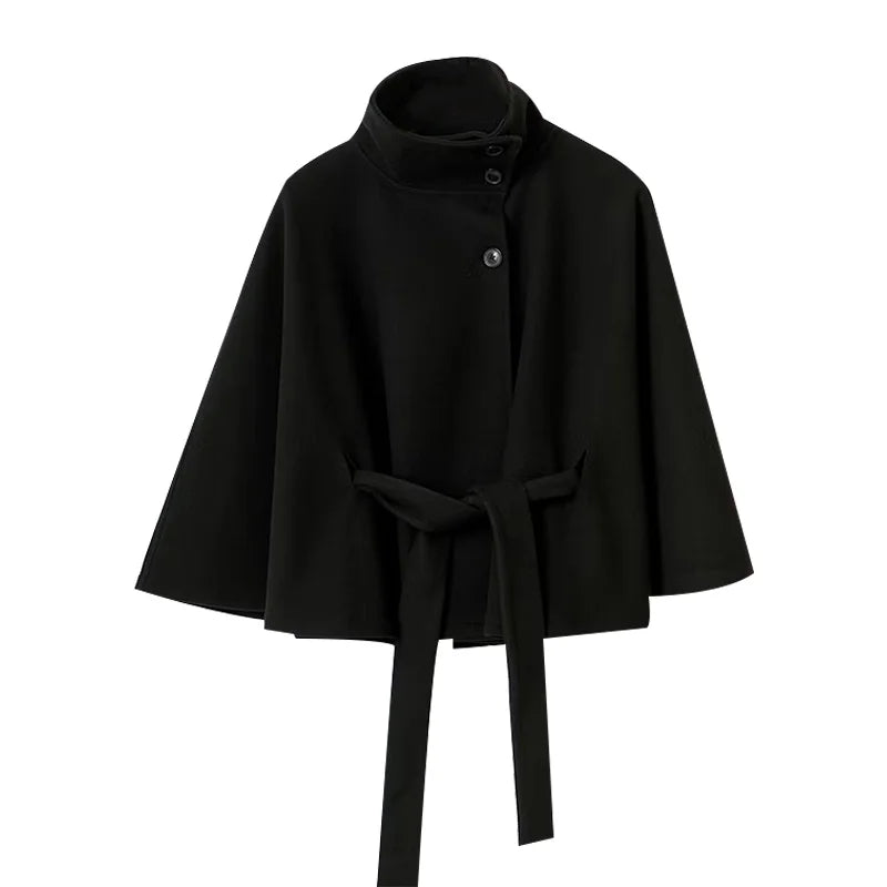 Damenmantel, kurze Cape-Mäntel für Damen, Gürtel, Mäntel aus Kunstwolle und Mischungen, Herbst-Winter, feste Mäntel, elegante Umhangjacke für Damen