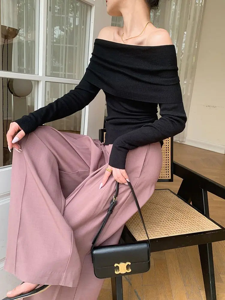 Slash Neck Pullover Frauen Tops Gestrickte Dünne Grundlegende Alle-spiel Sexy Elegante Off Schulter Herbst Winter Langarm Pullover weibliche