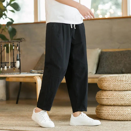 Men Cropped Trousers Men Casual Pants Men's Loose Straight Drawstring Ninth Pants with Elastic Waist Pockets Solid for Daily.