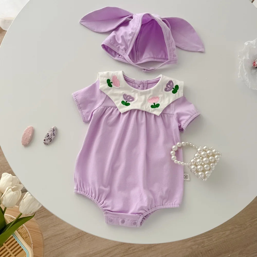 0-2Y Sommer Baby Mädchen Kleidung Kleinkind Mädchen Body & Einteilige Tulpe Stickerei Kleidung Mit Hut