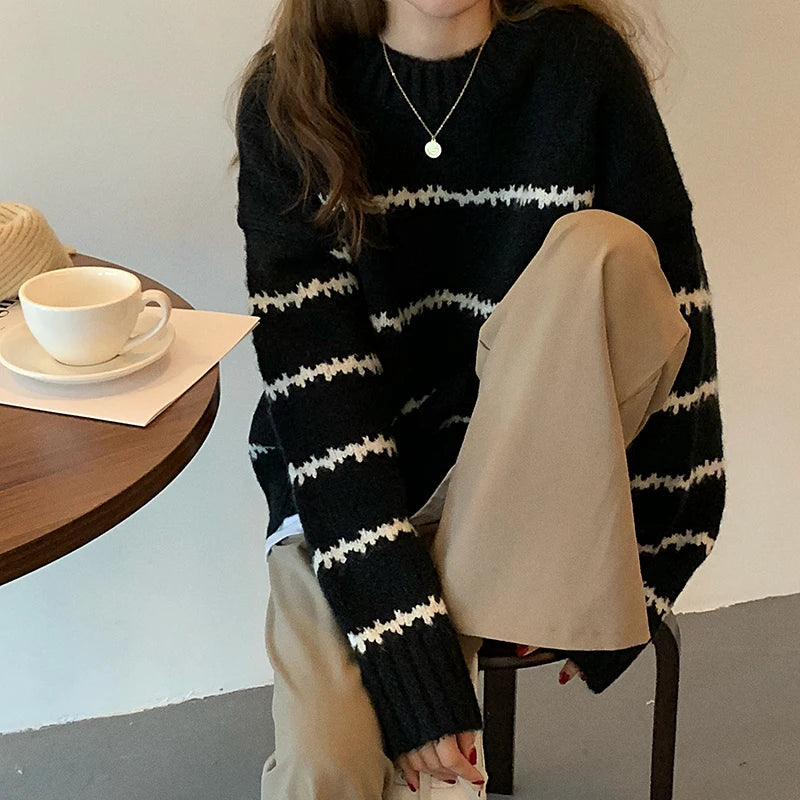 Herbst Winter Gestreiften Pullover Pullover Frauen Gestrickte Shirts Lange Hülse Lose Mock Neck Outwear Casual Pullover Tops Strickwaren