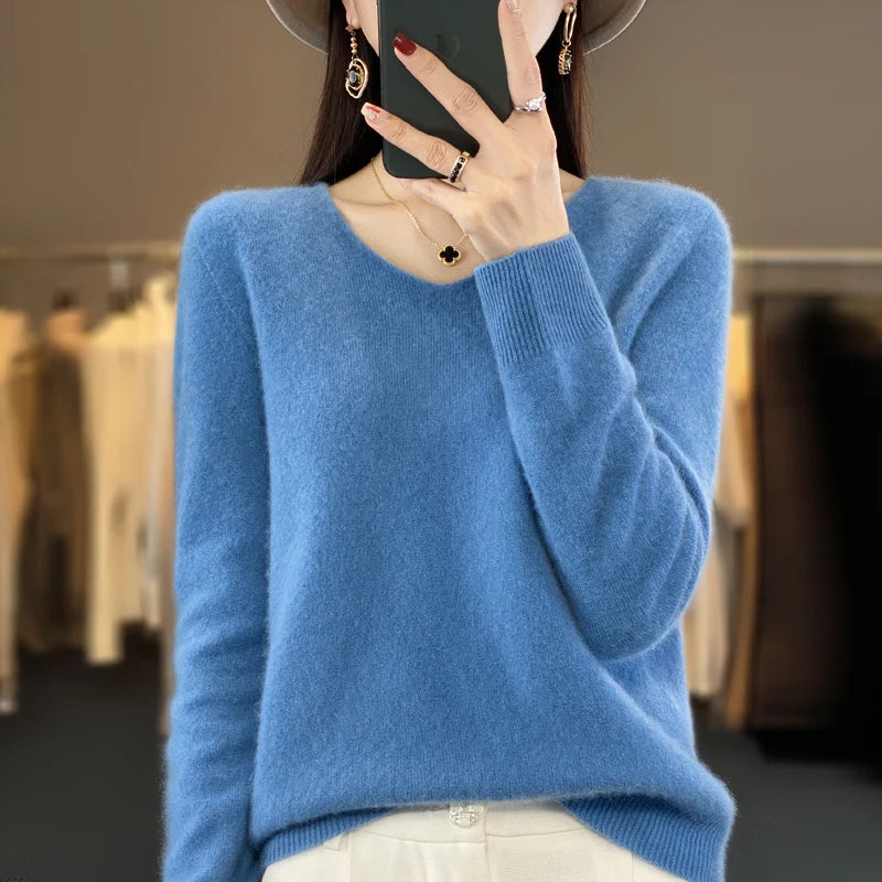 2024 100% Merino Reine Wolle V-ausschnitt Herbst Und Winter Pullover Pullover Neue Kaschmir Pullover frauen Beiläufige Gestrickte Top DMR201