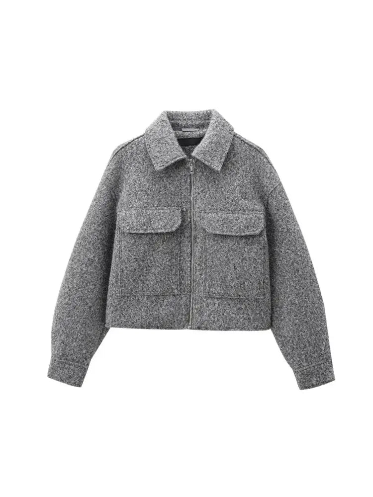 TRZA-Kurzjacke mit Taschen für Damen, Langarmmantel, Reißverschluss vorne, Damenoberbekleidung, schicke Oberteile, Mode