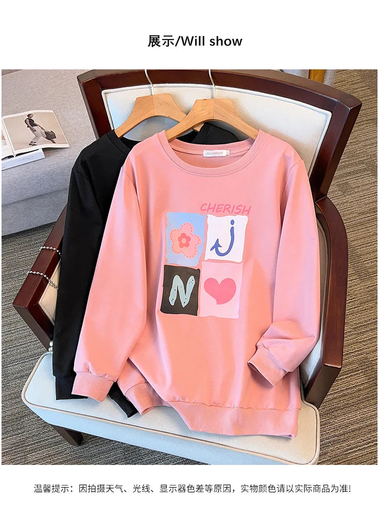 175kg plus size Damen büste Frühling Herbst lose Langarm bedrucktes Sweatshirt Top schwarz rosa 6xl 7xl 8xl 9xl 10xl 11xl