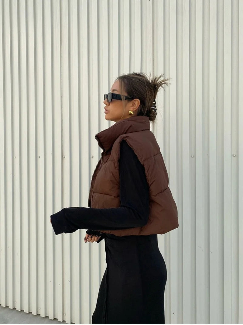 Herbst Winter Kurze Baumwolle Weste Elegante Solide Zipper Ärmel Stehkragen Warme Stepp Weste Mäntel Reise Jacke Im Freien