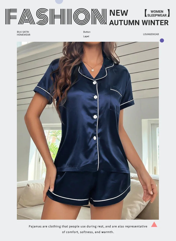 Sommer-Pyjama-Set aus Seidensatin für Damen, Oberteil und Shorts mit Knopfleiste, 2-teilig, Nachtwäsche, gekerbter Kragen, Nachtwäsche, Loungewear für Damen