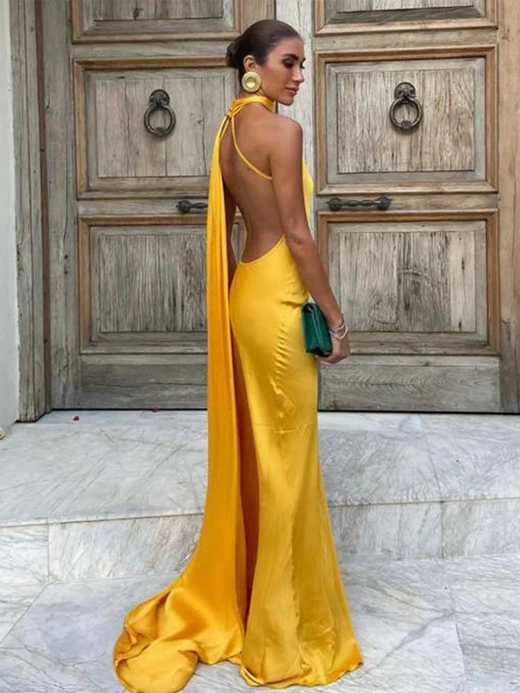 Band hängenden Hals lange Kleider schräg Schulter schnüren rücken frei seidig Satin Temperament Slim Fit Neck holder Frau Fischschwanz Kleid