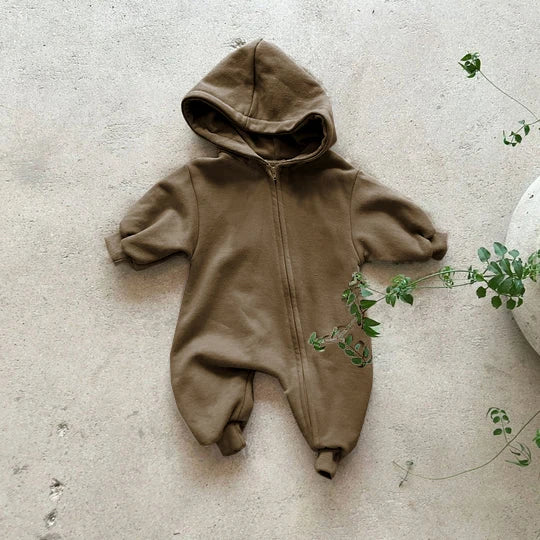 2024 Baby Kapuze Reiß verschluss Bodysuit Neugeborene Jungen und Mädchen Bergsteiger Anzug einfarbig Bodysuit Long Fit Sport Kletter anzug