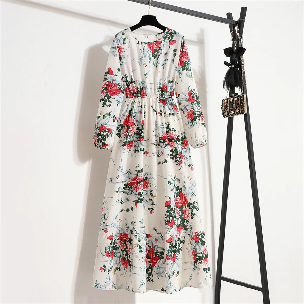 Frühling Sommer Frauen Maxi Kleider Casual Volle Hülse Floral Gedruckt Oansatz Frau Bohe Strand Party Lange Kleid Mujer Vestidos