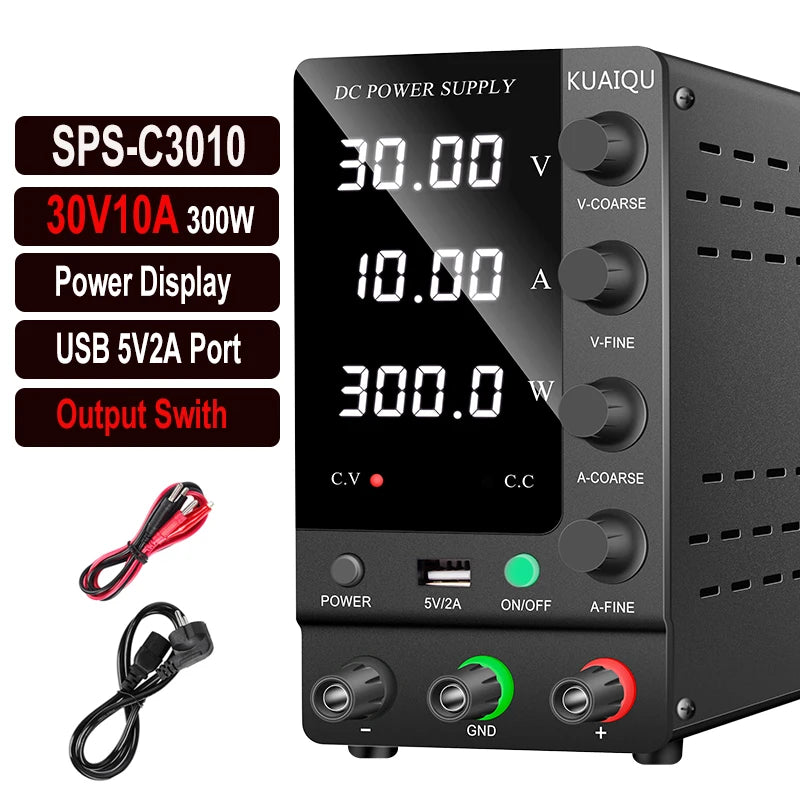 KUAIQU DC Power Supply Adjustable 30V 10A 32V 6A,Switching Regulated DC Bench Power Supply with Output Switch 60V 5A 120V 3A