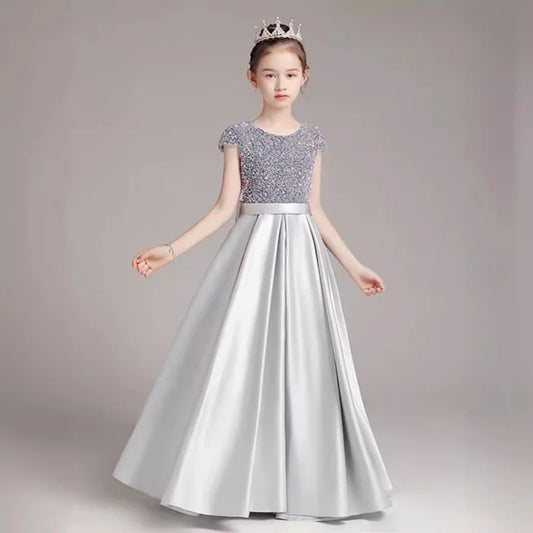 Mädchen-Klavierkleid, graues Pailletten-langes Performance-Kleid, Prinzessinnenkleid, Kinder-Host-Show-Performance-Kleid, Sommer.