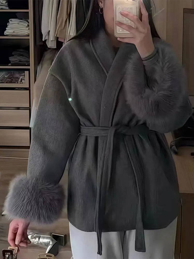 Frauen Mäntel Elegante Revers Plüsch Mit Gürtel Faux Pelz Hülse Tweed Offenen Mantel Weibliche 2025, Herbst Winter Mode Dame streetwear