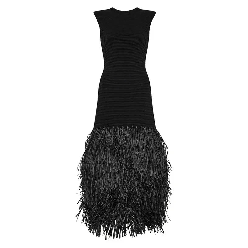 Fashion Solid Patchwork Quaste Verstärktes Stricken Midi Kleid Frauen Backless Ärmel Schulter Pad Schlank Roben Dame Chic Party Kleider